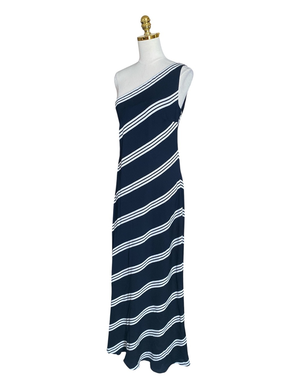 Ralph Lauren 100% Silk One-Shoulder Navy/White Striped Cocktail Maxi Dress Sz 12 - Picture 6 of 11